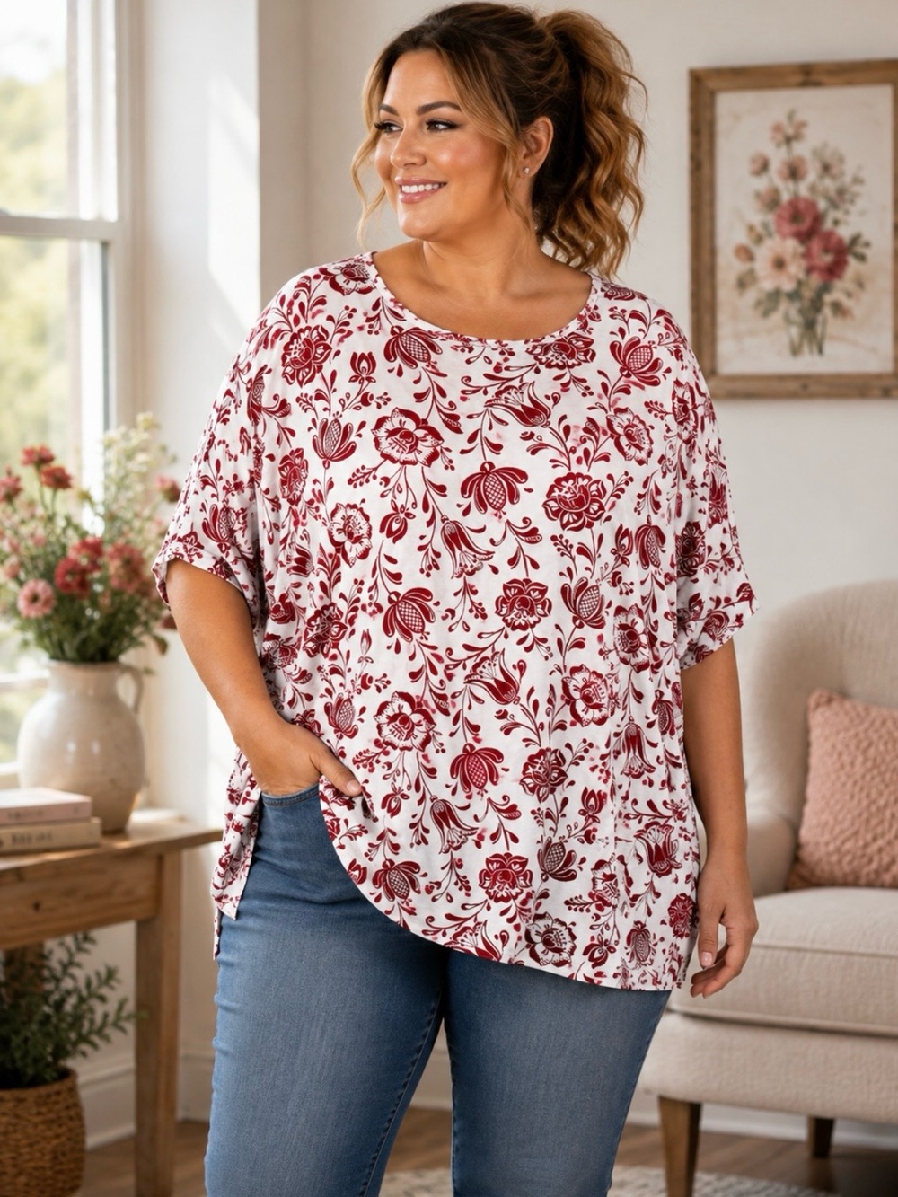 croft & barrow Red Floral Short Sleeve Tee on White